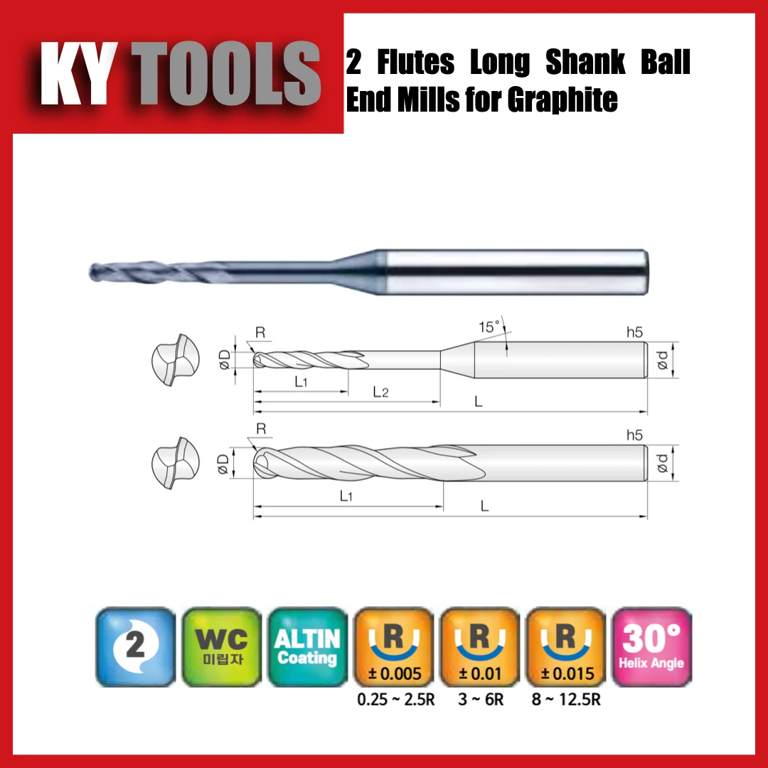 2 Flute Long Shank Ball End Mills for Graphite technical drawing and product view