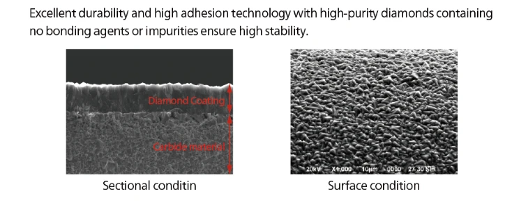 Microscope views of diamond coating adhesion to a carbide substrate